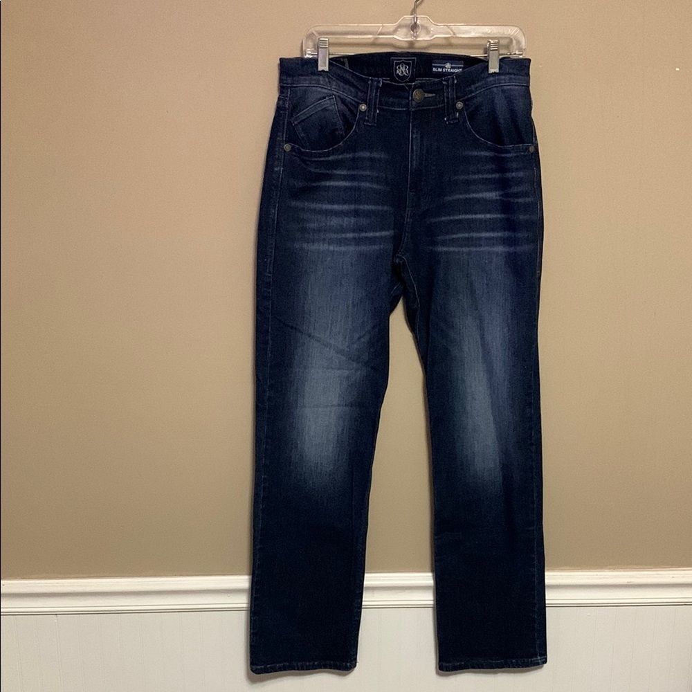 ROCK & REPUBLIC Men's Slim Straight Dark Denim Blue Jeans Western Street Moto